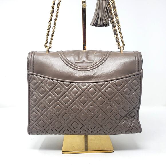 Tory Burch Fleming Convertible Shoulder Bag Crossbody Leather Gray Taupe - Picture 3 of 11